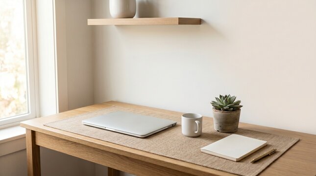Minimalist home office desk with laptop coffee mug and succulent plant by window