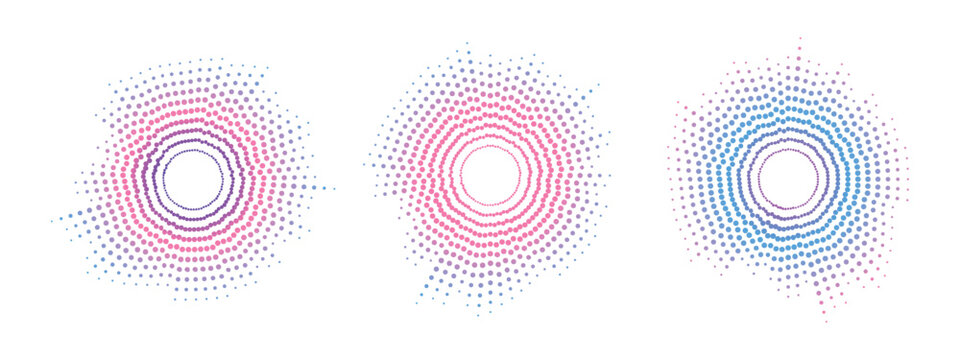 Set of abstract circular audio sound waves with concentric halftone dots and colorful geometric neon digital music frequency equalizer elements.