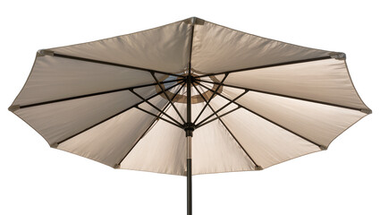 Open beige patio umbrella with dark metal frame © Laura