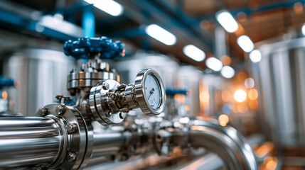 Obraz premium Modern brewery interior with stainless steel pipes, valves and fermentation tanks under clean factory lighting with strong lines and organized engineering detail, capturing material