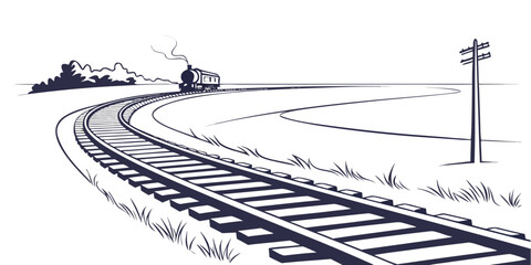 Vintage steam train locomotive traveling along a curved rural track in a minimalist ink illustration with locomotive railroad transport silhouette © Mamun