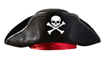 Naklejka premium Black pirate hat with skull and crossbones emblem and red sash