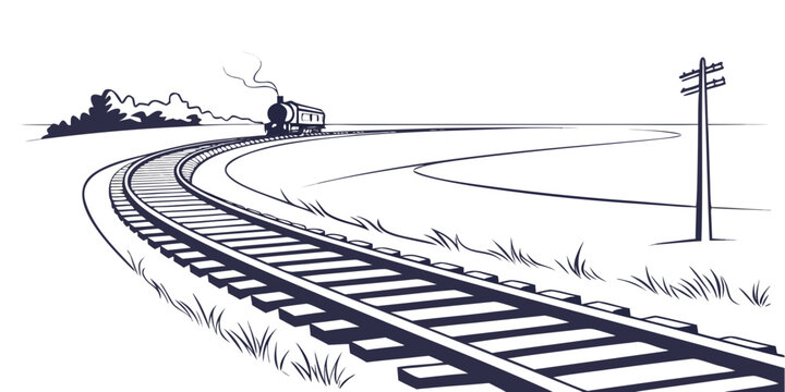 Vintage steam train locomotive traveling along a curved rural track in a minimalist ink illustration with locomotive railroad transport silhouette