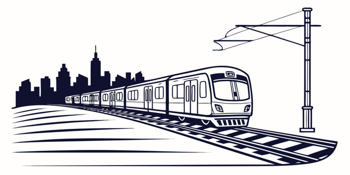 Commuter train moving along rail track against city skyline silhouette background with urban planning public transport rail system city life