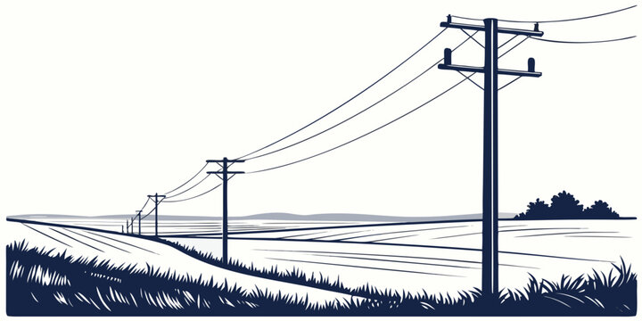 Vector graphic of electric utility poles lining a country field landscape with electric landscape infrastructure silhouette electricity industry