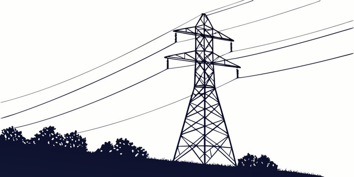Silhouette of a high voltage electrical transmission tower in a rural field with transmission electricity infrastructure silhouette landscape