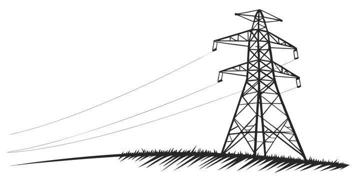 Silhouette of a high voltage electricity pylon on a grassy hill vector graphic with electricity transmission infrastructure electrical silhouette