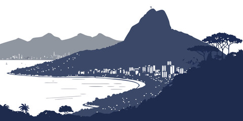 Silhouette landscape of rio de janeiro coastline with sugarloaf mountain and ocean bay sugarloaf mountain landscape silhouette vacation landmark © Mamun