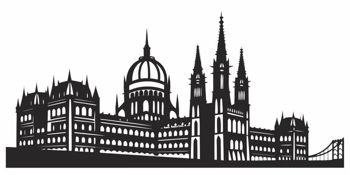 Black and white silhouette of a grand gothic style parliament building with intricate architecture parliament building architecture silhouette