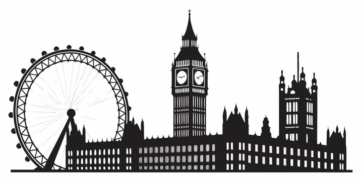 London city skyline silhouette including big ben and giant observation wheel with silhouette landmark architecture monument sightseeing vacation