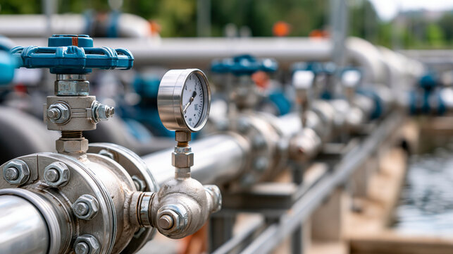 Outdoor pipe rack carrying multiple process lines across an industrial facility with realistic metal textures, bolts, gauges and worn industrial surfaces, showing maintenance workflow,