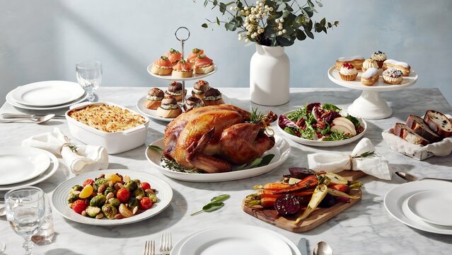 Roasted turkey dinner on a festive holiday dining table