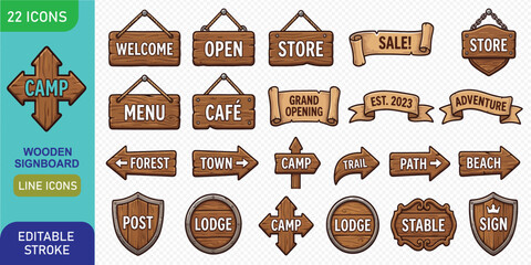 A set of 22 editable wooden sign icons for various business and travel themes, including cafe, store, lodge, and directional signs, in a rustic, modern design. © Sumon