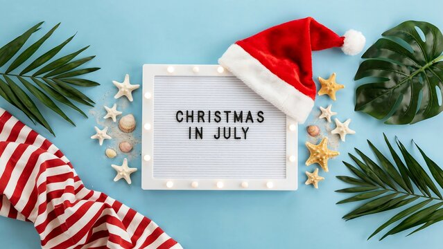 Christmas in july sign with santa hat and tropical leaves