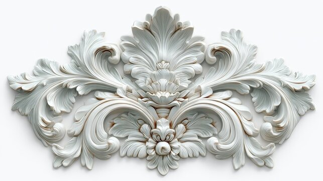 Elegant white baroque plaster ornament with intricate floral scroll acanthus details for classic interior architectural design. Luxury vintage decorative wall ceiling element in traditional rococo sty
