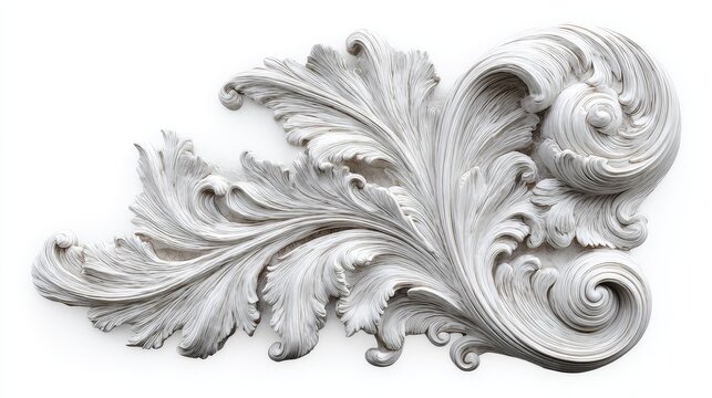 Elegant white baroque plaster ornament with intricate floral scroll acanthus details for classic interior architectural design. Luxury vintage decorative wall ceiling element in traditional rococo sty
