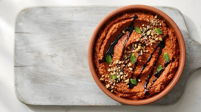 A close up shot of a roasted red pepper dip in a terra cotta bowl with nuts, balsamic glaze, and mint.