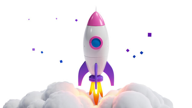 Toy rocket launching with purple fins and pink nose cone amidst clouds