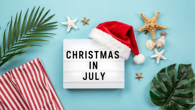 Christmas in july sign with santa hat and tropical decor
