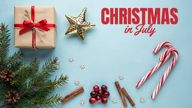 Christmas in july festive greeting with gift and candy canes