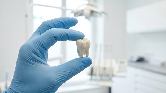 Gloved hand holding a dental molar model in a clinic