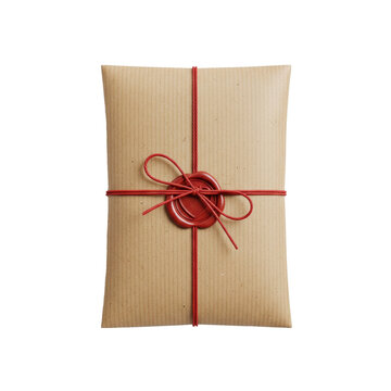 Simple brown package tied with red string isolated on transparent background mockup for gift wrapping