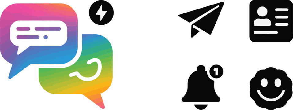 Set of social media and communication icons, including chat bubbles with lightning bolt and question mark, paper plane, user profile card, notification bell with alert badge, and a smiling face emoji