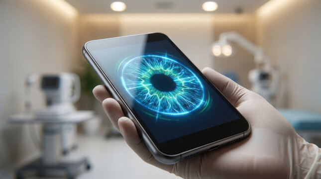 Biometric eye scan on smartphone in medical room with gloved hand and digital security concept