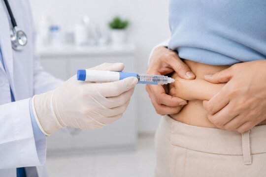 Close-up of doctor administering injectable weight management treatment to a patient in modern medical clinic
