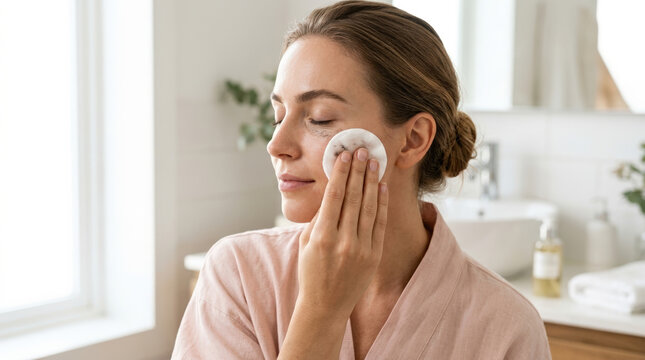 Young woman removing makeup with a cotton pad before sleep. Female cleansing her face with eyes closed in a bright bathroom