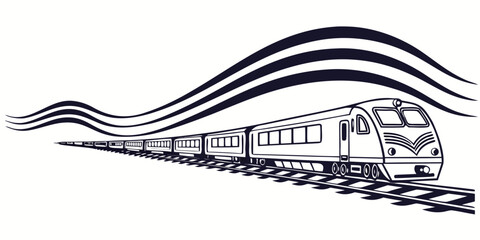 Dynamic black line art graphic of a modern passenger train moving on tracks with abstract flowing wave motion lines transportation abstract © Mamun