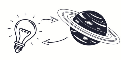 Light bulb exchanging ideas with the planet saturn illustration innovation communication creative thinking astronomy discovery invention © Mamun