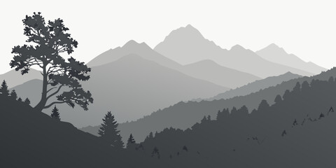 Monochrome mountain range landscape with a prominent foreground tree silhouette mountain landscape silhouette wilderness outdoors grayscale © Mamun