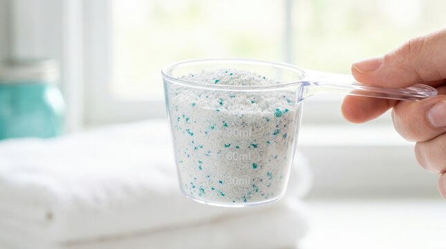 Hand holding a measuring scoop with laundry detergent powder. Clear plastic cup with white and blue soap granules. Household cleaning and washing concept