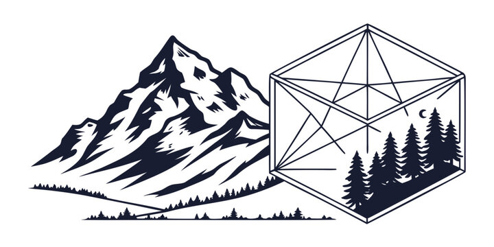 Mountain peak next to an isometric cube with pine trees and crescent moon mountain isometric landscape adventure illustration wilderness
