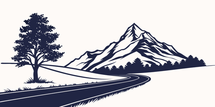 Road trip scene graphic featuring a winding road passing by a large forest tree and tall mountain ranges in the background mountain landscape