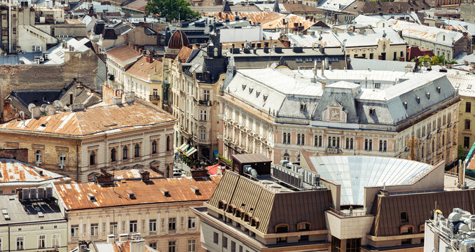 High Angle View Of Historic Lviv City Center