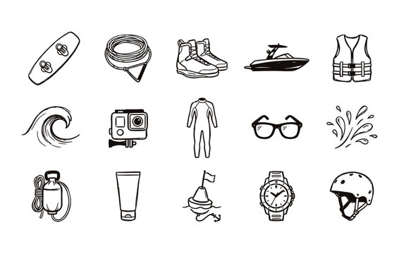 Hand drawn extreme water sports gear for summer vacation sketches
