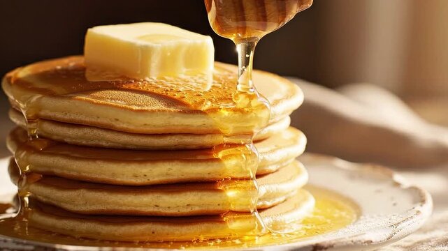 Delicious stack of fluffy golden pancakes topped with a melting pat of butter and sweet golden maple syrup pouring down the sides for a gourmet breakfast meal