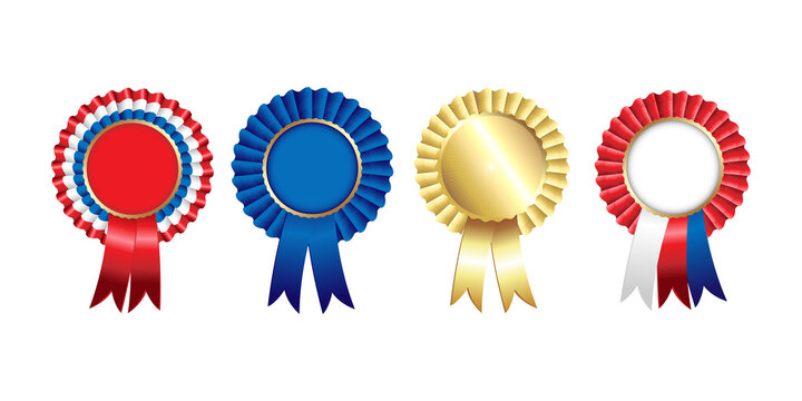 Set of four decorative rosettes with pleated fabric ribbons in red, white, blue, and metallic gold colors isolated on a transparent background