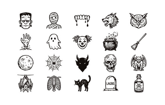 Hand drawn horror creatures and scary magic elements featuring vampire fangs and zombie skull