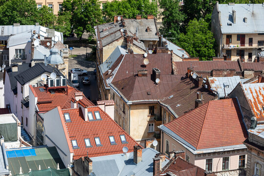 Aerial View of Historic Lviv City District