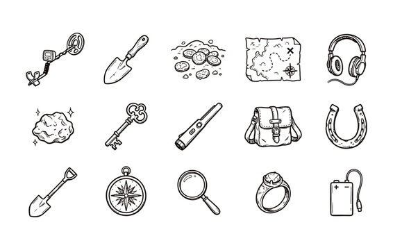 Hand drawn metal detecting equipment and treasure hunting doodle set