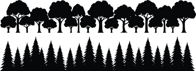 Set of black forest silhouettes with deciduous and coniferous pine trees horizontal borders © moshaharul