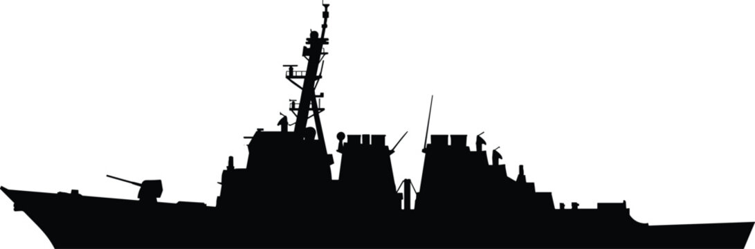 Military navy warship silhouette vector illustration of a modern destroyer guided missile cruiser ship