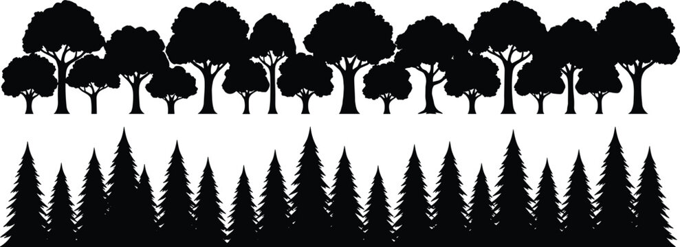 Set of black forest silhouettes with deciduous and coniferous pine trees horizontal borders