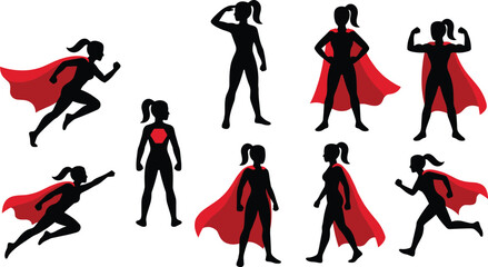 Set of female superhero silhouettes with red capes flying running and posing in action positions © moshaharul