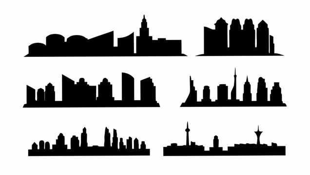Collection of city skylines in black silhouette