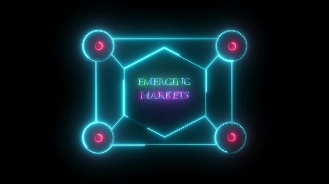 sees the inscription: Emerging markets ,new business concept ,tee icon attached around the map features the concept of network and technology confirmed. the map is rotating ,specify all icons.