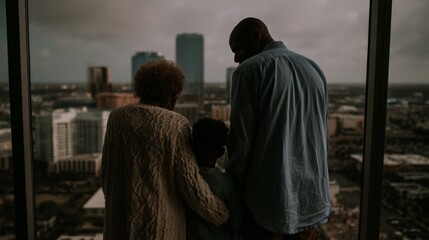 Fototapeta premium A family of three, including an adult male, an adult female, and a child, stands close together, gazing out over a city skyline. This scene highlights the importance of family connections and could be